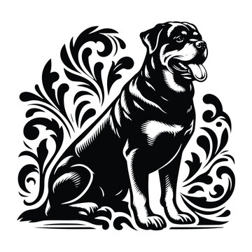 recommend clip art: Rottweiler dog with victorian flourish decoration, stencil logo, black and white animal illustration