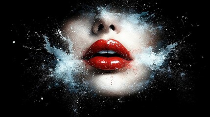   A painting of a woman with water splashing her face and red lipstick on her lips
