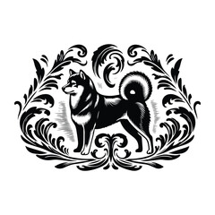 shiba dog with victorian flourish decoration, stencil logo, black and white animal illustration
