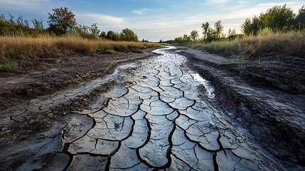 A dried-up riverbed illustrating the devastating effects of prolonged droughts and global warming, where cracked earth and barren landscapes replace once-lush ecosystems.