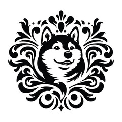 Fototapeta premium shiba dog with victorian flourish decoration, stencil logo, black and white animal illustration