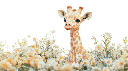 A giraffe is standing in a field of flowers. The giraffe is looking at the camera with a smile on its face. The flowers are of various colors, including pink, yellow, and purple. The scene is bright