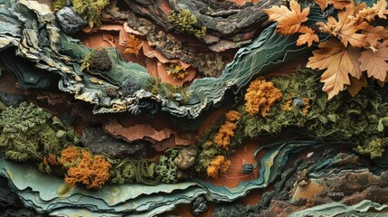 Obraz premium The composition is built from intersecting, faceted planes in earthy tones of brown, green, and ochre, representing rocks, soil, and foliage.