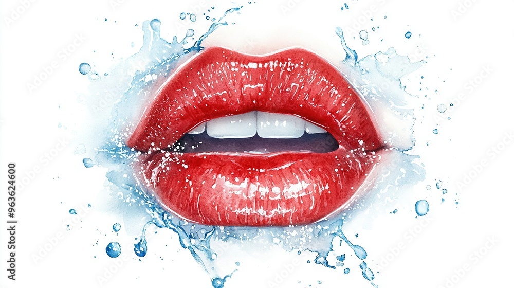 Poster a close-up of red lipstick with water splashing on its face and the bottom part of the lips