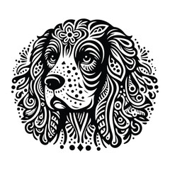 Fototapeta premium Spaniel dog in zentangle art, stencil logo, black and white animal illustration
