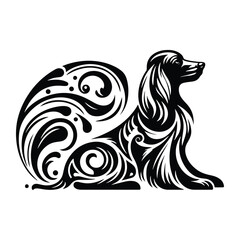 Obraz premium Spaniel dog with art nouveau decoration, stencil logo, black and white animal illustration