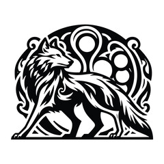 Obraz premium Wolf with art nouveau decoration, stencil logo, black and white animal illustration