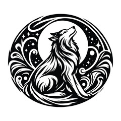 Obraz premium Wolf with art nouveau decoration, stencil logo, black and white animal illustration