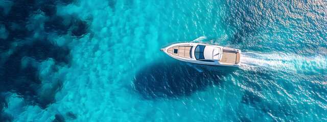  modern boat with motor on blue transparent water aerial view.