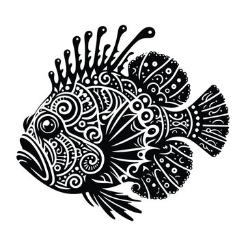 recommend clip art: anglerfish in zentangle art, stencil logo, black and white animal illustration