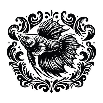 recommend clip art: Angelfish with victorian flourish decoration, stencil logo, black and white animal illustration