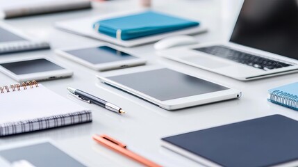 Close-up of a desk with digital devices, notebooks, and pens, multitasking, organized workspace
