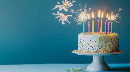 Colorful celebration birthday cake with colorful birthday candles and sparklers against a blue background
