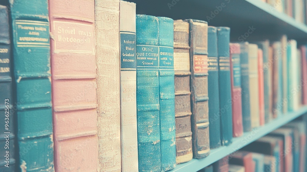 Poster a bookshelf with blue and pink books neatly arranged in rows