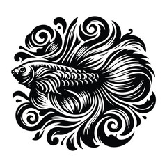 Betta Fish with victorian flourish decoration, stencil logo, black and white animal illustration