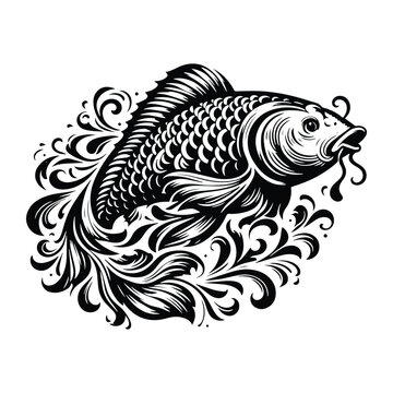 recommend clip art: carp fish with victorian flourish decoration, stencil logo, black and white animal illustration