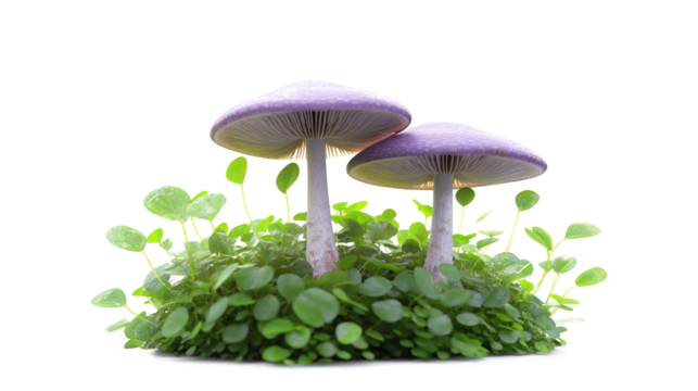 Two purple mushrooms are growing on a green leafy background. The mushrooms are close to each other and appear to be in a natural setting