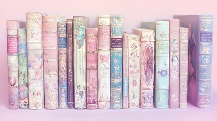   A row of pink and blue books arranged neatly on a pink table, perched atop a shelf