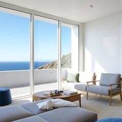 Bright Coastal Living Room with Outdoor Terrace and Ocean View, Minimalist Living Space with Scenic Balcony in Mediterranean Home.