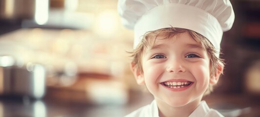 Young chef smiles in a cozy kitchen while wearing a chef\'s hat and coat during a cooking lesson, showcasing joy and passion for culinary arts