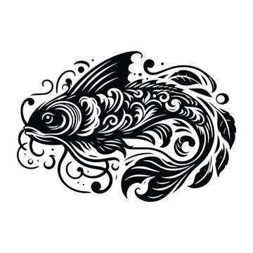 recommend clip art: Catfish with victorian flourish decoration, stencil logo, black and white animal illustration
