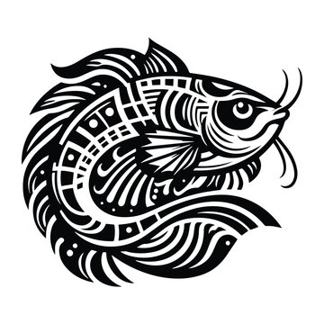 recommend clip art: Catfish with art deco decoration, stencil logo, black and white animal illustration ,