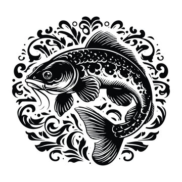 recommend clip art: Catfish with victorian flourish decoration, stencil logo, black and white animal illustration