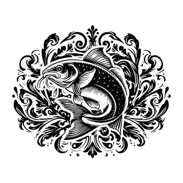 recommend clip art: Catfish with victorian flourish decoration, stencil logo, black and white animal illustration