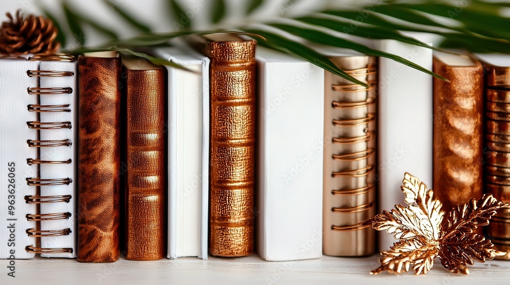 Poster a row of books sits atop a table next to a pinecone on a bookshelf