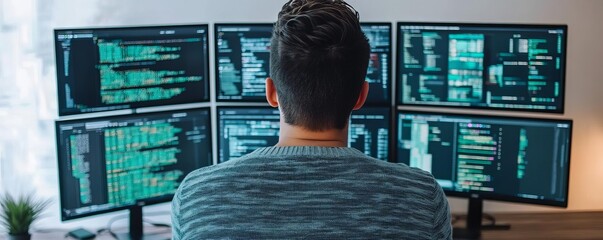 Close-up of a man managing multiple screens, multitasking, tech-savvy workspace
