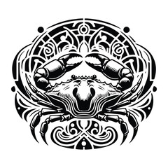crab with art nouveau decoration, stencil logo, black and white animal illustration