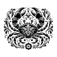 crab with victorian flourish decoration, stencil logo, black and white animal illustration