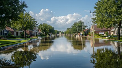 Fototapeta premium Suburban streets under rising floodwaters, reflecting the challenge of urban planning in the face of extreme weather, with reflective water offering space for copy.