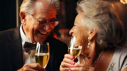 An elderly couple enjoys a special anniversary celebration, smiling and raising their champagne glasses in a cozy ambiance filled with warmth and love.