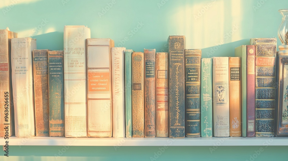 Poster a bookshelf sits beside a vase with a perched bird and rows of books on top