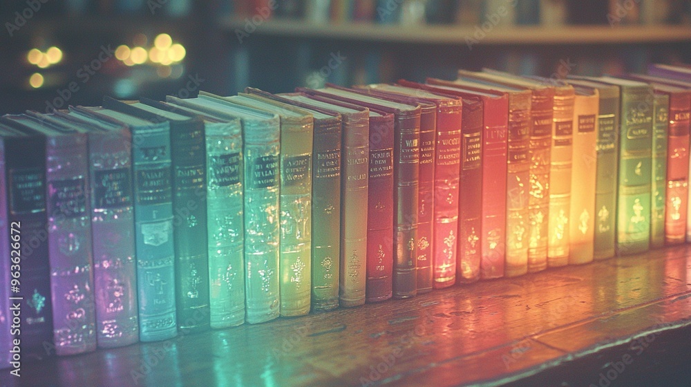 Poster a bookshelf adorned with colorful books sits atop a table, surrounded by a plethora of additional bo