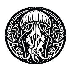Fototapeta premium jelly fish with art nouveau decoration, stencil logo, black and white animal illustration