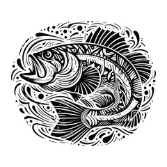 Fototapeta premium Largemouth Bass fish in zentangle art, stencil logo, black and white animal illustration