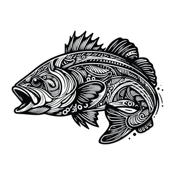 Largemouth Bass fish in zentangle art, stencil logo, black and white animal illustration