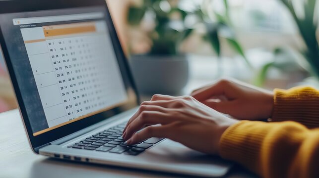 Hands typing on a laptop while using a digital calendar, multitasking, scheduling tools