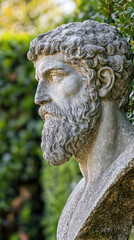 A close-up of a stone sculpture of Epicurus, the Greek philosopher, in a serene garden setting.  The statue's weathered face, adorned with a beard, conveys a sense of wisdom and contemplation.