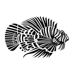 Lionfish with art deco decoration, stencil logo, black and white animal illustration ,