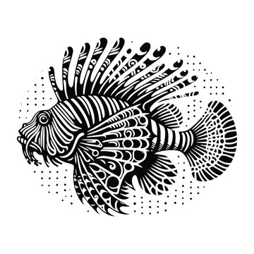 recommend clip art: Lionfish in zentangle art, stencil logo, black and white animal illustration