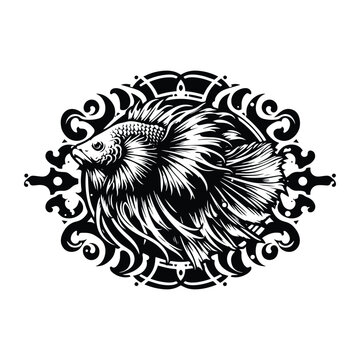 recommend clip art: lion fish with art nouveau decoration, stencil logo, black and white animal illustration