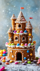 Fototapeta premium A whimsical gingerbread castle decorated with colorful candies evokes joy and celebration.
