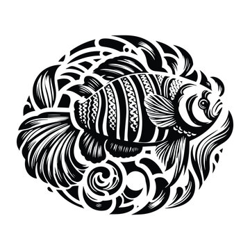 recommend clip art: Mandarinfish with art nouveau decoration, stencil logo, black and white animal illustration