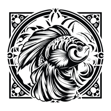 recommend clip art: Mandarinfish with art nouveau decoration, stencil logo, black and white animal illustration