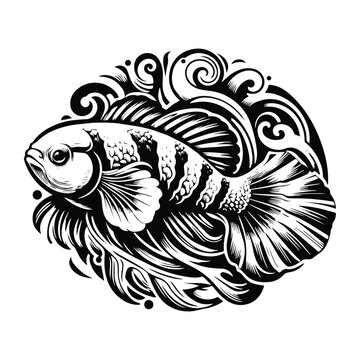 recommend clip art: Mandarinfish with art nouveau decoration, stencil logo, black and white animal illustration