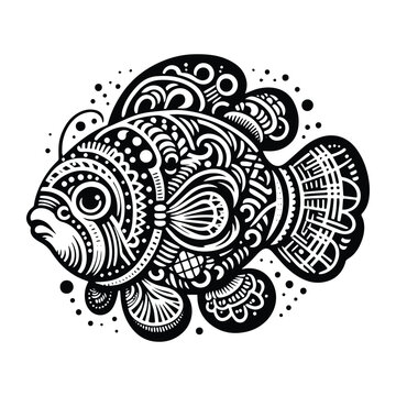 recommend clip art: Mandarinfish in zentangle art, stencil logo, black and white animal illustration