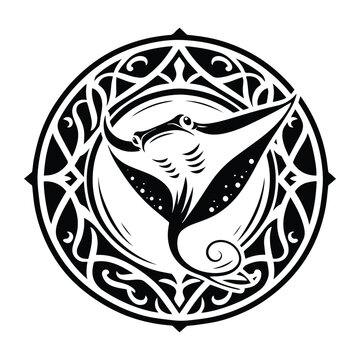 recommend clip art: MantaRay fish with art nouveau decoration, stencil logo, black and white animal illustration